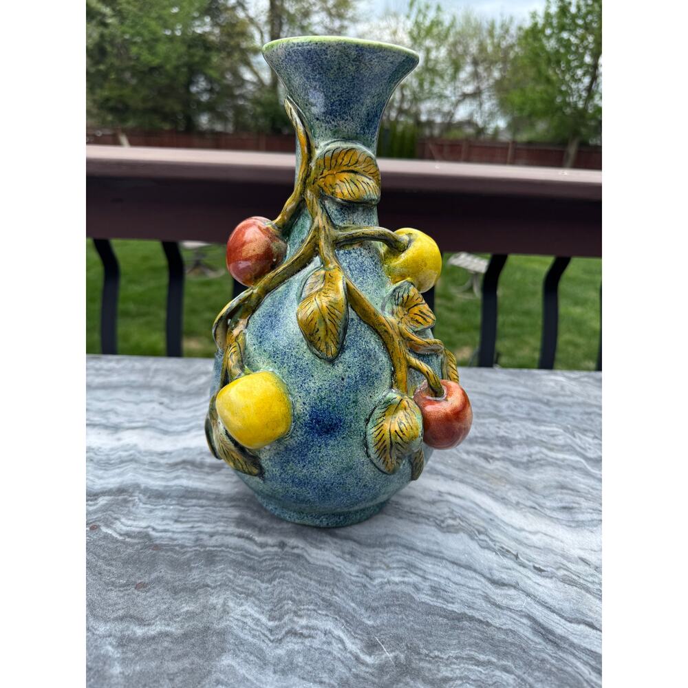 VINTAGE - Glazed Blue Majolica Pottery Vase, Red & Yellow Applied Apples/Vines